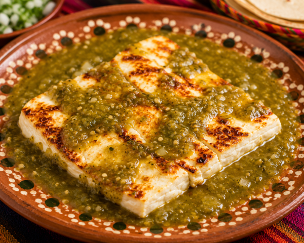 Queso asado con salsa verde mexicana
